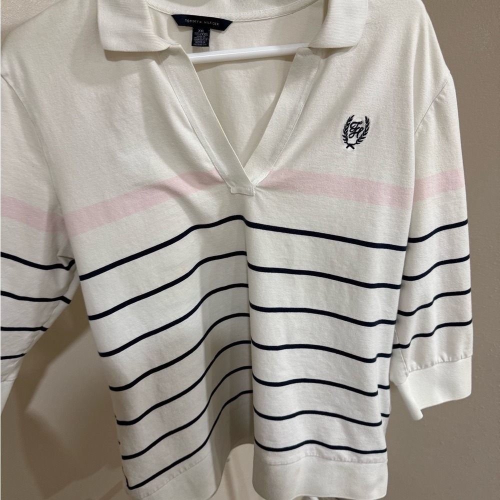 Tommy Hilfiger Womens Polo Shirt XXL Striped Collar V Neck Logo Print